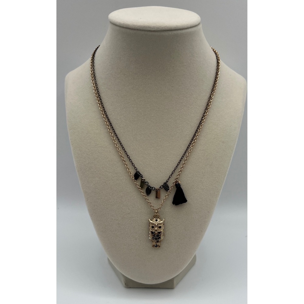 Lydell NYC Women Gold Gunmetal Layered Necklace Owl Pendant Tassel Crystals